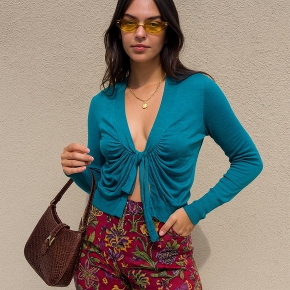 Etro Cardigan Womens 44 US 8 Emerald Green Cashmere Silk Tie Front Y2K Sweater‎